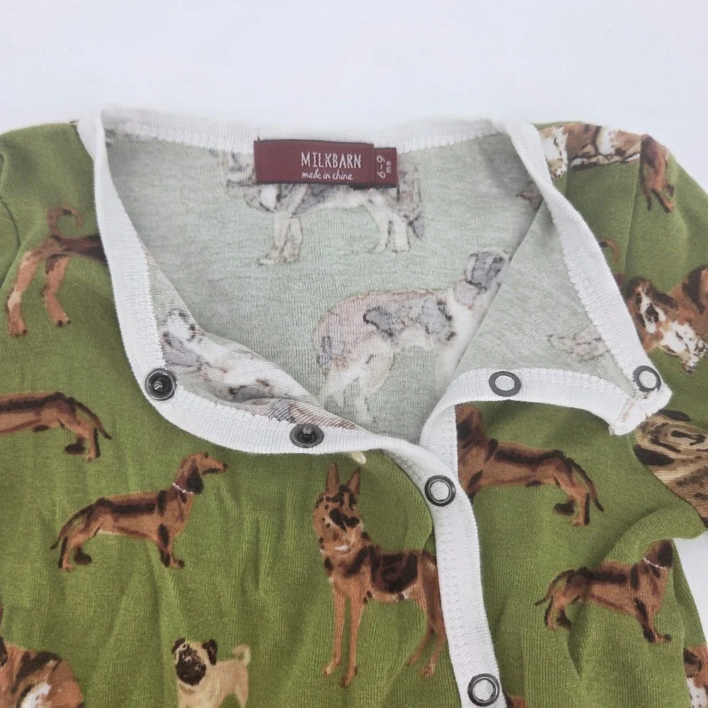 Milkbarn Baby Dog Print Bamboo Footed Sleeper Green Snaps 6-9 Months